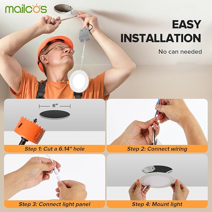 MAILCOS 12 Pack 4 Inch 5CCT LED Recessed Ceiling Light with Night Light, 2700K-5000K Selectable, Ultra-Thin Lighting, 12W=110W, 1050LM, Dimmable Canless Wafer Downlight ETL Certificated