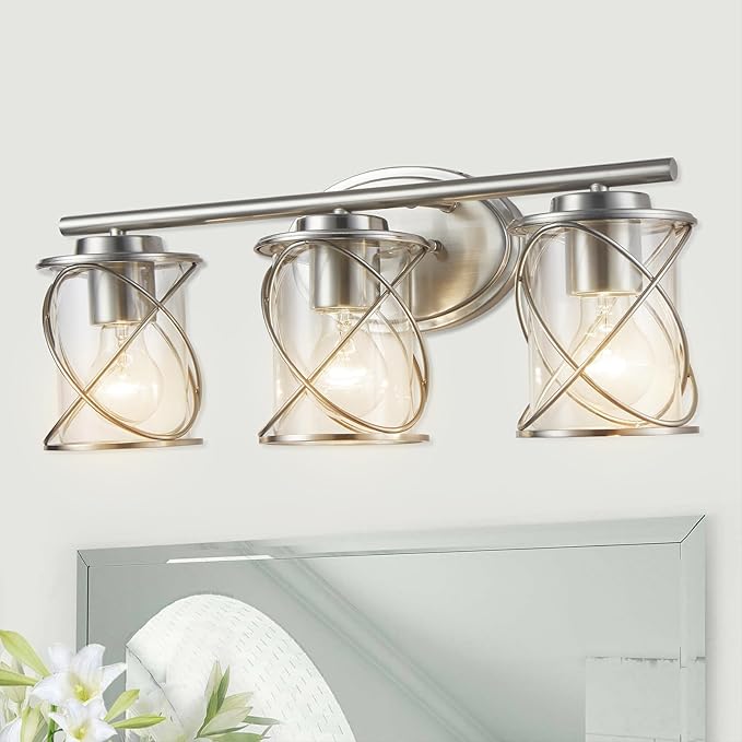 mavcadonf 3-Lights Bathroom Vanity Lights, Bathroom Light Fixtures Over Mirror, Brushed Nickel Vanity Light, Farmhouse Wall Lights with Clear Glass Shade, Bathroom Wall Lamp for Mirror Kitchen Bedroom