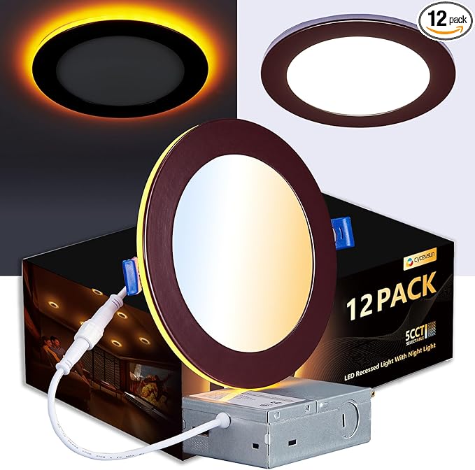 CycevSun 12 Pack Bronze Recessed Lighting 6 Inch with Night Light, Canless Ultra Thin Wafer Downlight Pot Outdoor Exterior Soffit, Dimmable & 5 CCT Selectable, 12W, ETL