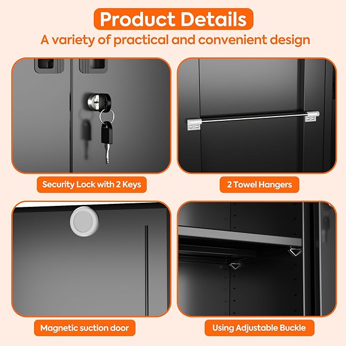 Garage Storage Cabinet with Wheels and 5 Pegboard, Metal Storage Cabinets with 2 Doors and 4 Shelves, Broom Closet Storage Cabinet with Hanging Rod and 13 Hooks, 70.87" Hx33.5 Wx17.7 D, Black