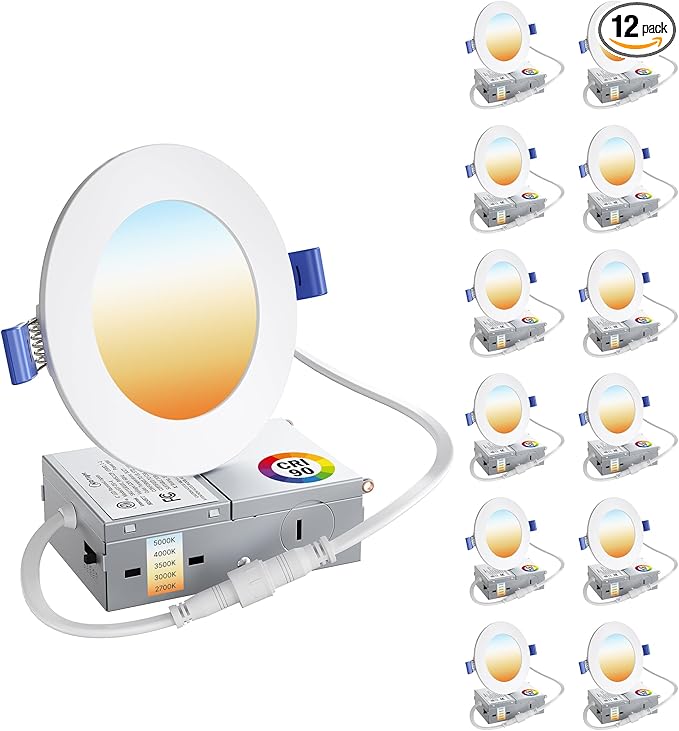 12 Pack 4 Inch LED Recessed Ceiling Light| 5CCT Dimmable 2700K-5000K| RA90 750LM 9W 120V| Ultra-Thin High Brightness Canless Wafer Downlight with Junction Box| IC ETL FCC Certification