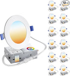 12 Pack 4 Inch LED Recessed Ceiling Light| 5CCT Dimmable 2700K-5000K| RA90 750LM 9W 120V| Ultra-Thin High Brightness Canless Wafer Downlight with Junction Box| IC ETL FCC Certification
