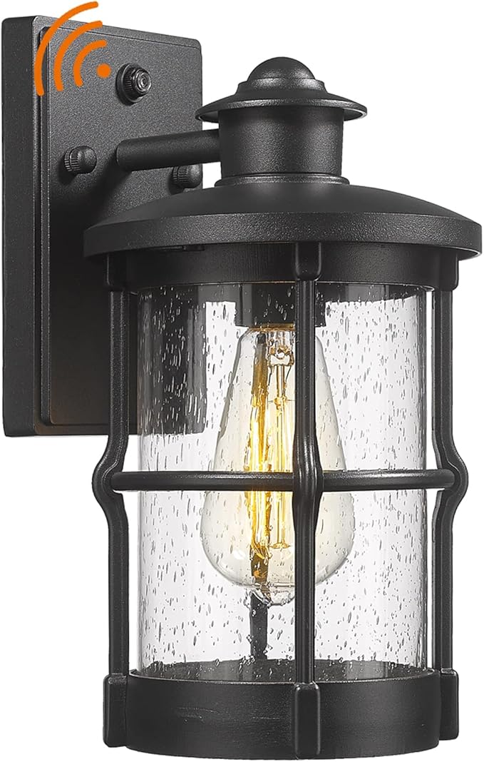 Outdoor Wall Sconces, Dusk to Dawn Outdoor Lights, Exterior Wall Mount Lighting, Entryway Light Fixture in Black Finish with Seeded Glass