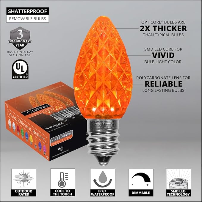 Wintergreen Lighting 25 Pack OptiCore C7 LED Christmas Light Bulbs - Replacement LED Christmas Lights Heavy Duty Premium Outdoor Christmas Lights, E12 Base (Amber/Orange Faceted)
