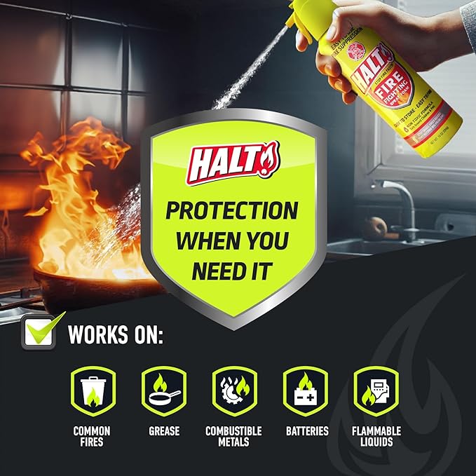 HALT! Fire Fighting Foam Spray – Non-Toxic, PFAS Free, Easy to Use, Store, and Find in Emergency – Compact & Portable – Ideal for Home, Kitchen, Apartment, Car, BBQ, Tailgate – Made in USA (2-Pack)