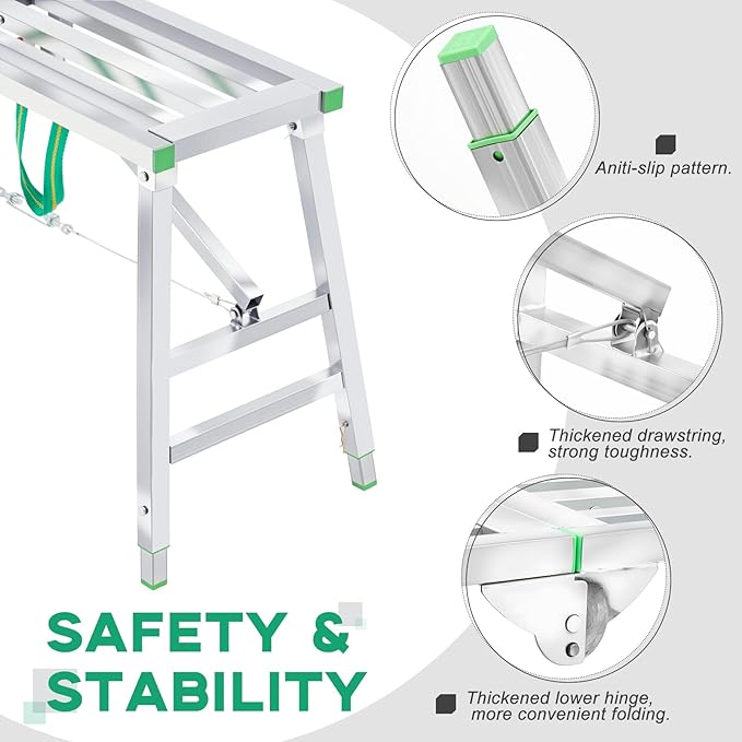 Zonon 55" L x 11.8" W x 28" to 44" H Folding Work Platform Portable Scaffolding Step Stool 4 Height Adjustment 600 Lbs Load Capacity Non Slip Work Platform Ladder for Home Drywall Cleaning Painting