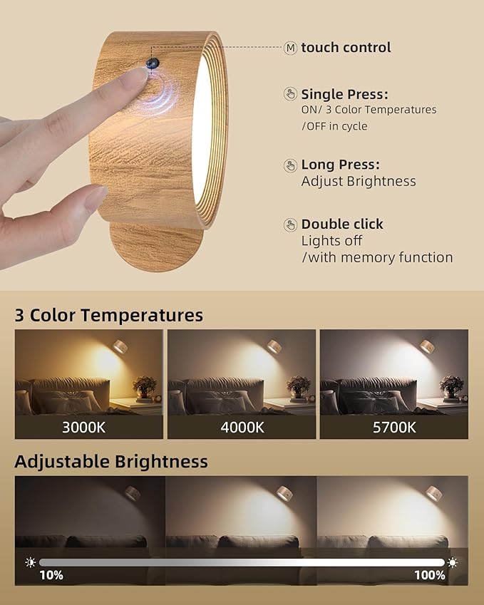 LED Wall Mounted Lights, Rechargeable Wall Sconces Lamp, 3 Color Temps & Remote and Touch, 360°Rotation Dimmable Cordless Wall Light for Study Bedroom Reading Bedside(Wood, 1 Pack)