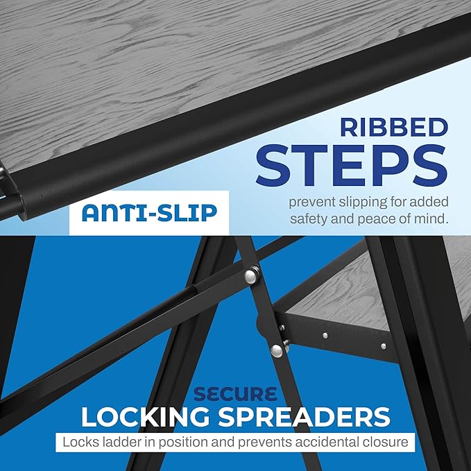 Step Ladder 3 Step Folding, Decorative - Beautiful Gray Wood & Black Aluminum, Ultra Slim Profile, Anti Slip Steps, Sturdy-Portable for Home, Office, Kitchen, Photography Use,by SORFEY