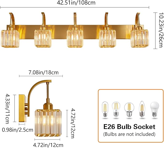 5-Light Crystal Vanity Light, Modern Gold Bathroom Wall Sconce with K9 Crystal Shades, 42.51" Long Over Mirror Lighting for Vanity, Makeup, Hallway, Elegant & Easy Installation