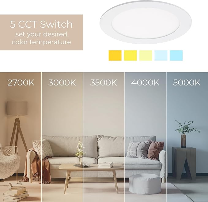 Builder Essential 5in 650 Lumens Round LED Recessed Light and Housing for Remodel or New Construction with 5-CCT 2700-3000-3500-4000-5000K in White (Pack of 6) IC-Rated