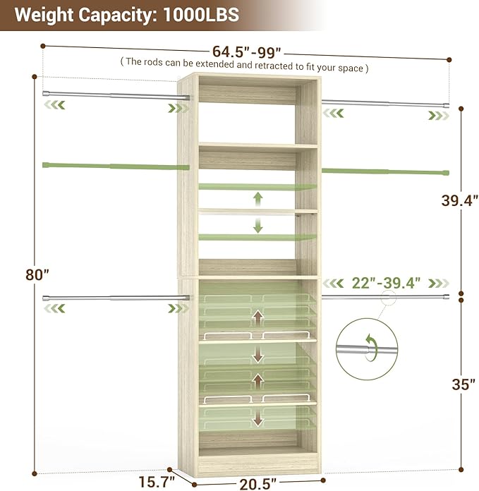 Unikito Closet System, 4-8Ft Wood Closet Organizer Starter Kit with Tower and 4 Extendable Hanging Rods, Walk-in Closet Organizer Wardrobe Clothes Rack with Adjustable Shelves, Garment Rack, White Oak