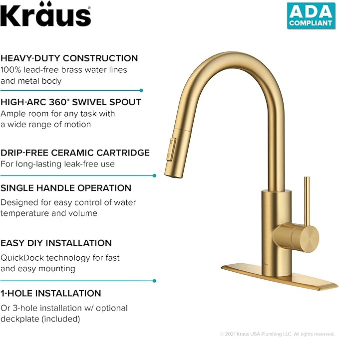 KRAUS Oletto Single Handle Pull Down Kitchen Faucet with QuickDock Top Mount Installation Assembly in Spot-Free Brushed Brass, KPF-2620BB