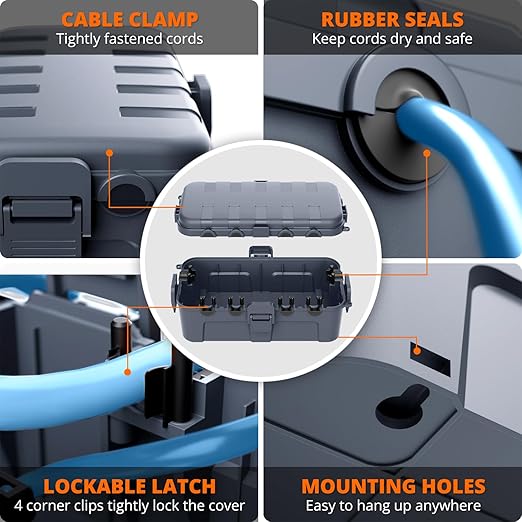 QUOBAS 2 Pack Outdoor Waterproof Electrical Box with 6 Cable Ports, IP54 Weatherproof Heavy-Duty Extension Cord Cover for Power Strips, Garden Power Tools, Holiday Lights, Gray