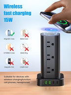 Tower Power Strip with 15W Wireless Charger, 10FT Flat Plug Extension Cord with Multiple Outlets, 12 AC Outlets, 4 USB Ports (2 USB C) Charging Station Surge Protector for Office Home Dorm Room(Black)