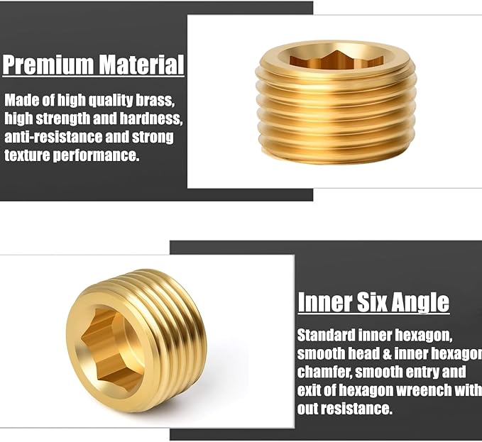 25 Pcs Brass Pipe Plug Fitting, 5 Sizes 1/8" 1/4" 3/8" 1/2" 3/4" NPT Male Internal Hex Thread Socket Pipe Plug Fitting Assortment Kit