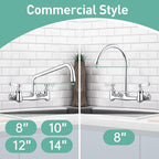 Wall Mount Commercial Sink Faucet with 10” Swivel Spout, 8" Center Wall Mount Kitchen Faucet, Dual Handles Brass Utility Sink Faucet for Laundry Room Restaurant