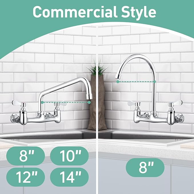 Wall Mount Commercial Sink Faucet with 10” Swivel Spout, 8" Center Wall Mount Kitchen Faucet, Dual Handles Brass Utility Sink Faucet for Laundry Room Restaurant