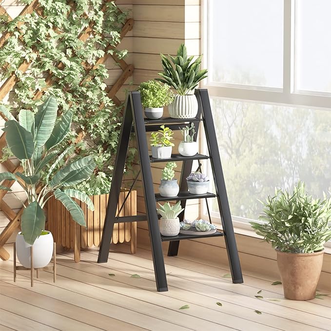 GameGem 4 Step Ladder Folding Step Stool with Anti-Slip Sturdy and Wide Pedal for Adults&Elderly, Aluminum Portable Lightweight Stepladder for Home Kitchen Office, Black, 330lbs