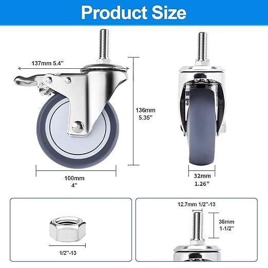 Stainless Steel Caster Wheels 4 inch with Brake, 1/2"-13x1-1/2 Threaded Stem Casters Set of 4, Non-Marking Slient TPR Rubber Wheels for Furnitures,Restaurants,Labs,Hospital