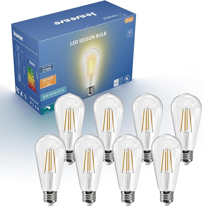 Jensense Edison LED Light Bulbs 8Watt Dimmable, 2700K Warm White, E26 Base, 60W Equivalent, Vintage Bulbs 800lm CRI 90, 8 Pack