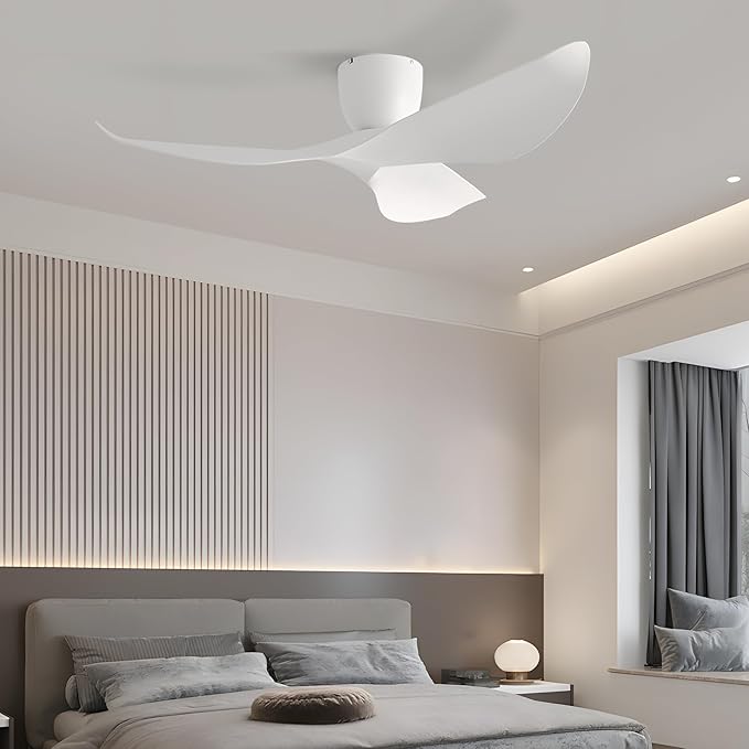 52-Inch White Ceiling Fan Without Light, Modern Low-Profile Flush Mount Fan with Remote, 6-Speed Reversible Quiet DC Motor,for Patio, Living Room, Bedroom (No Light)