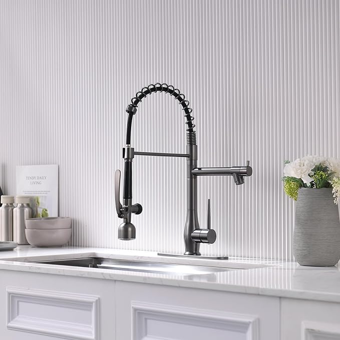 GIMILI Black Stainless Kitchen Faucet with LED Single Handle Kitchen Sink Faucet with Pull Down Sprayer Commercial Double-Headed Stainless Steel Kitchen Faucets Sink with Deck Plate