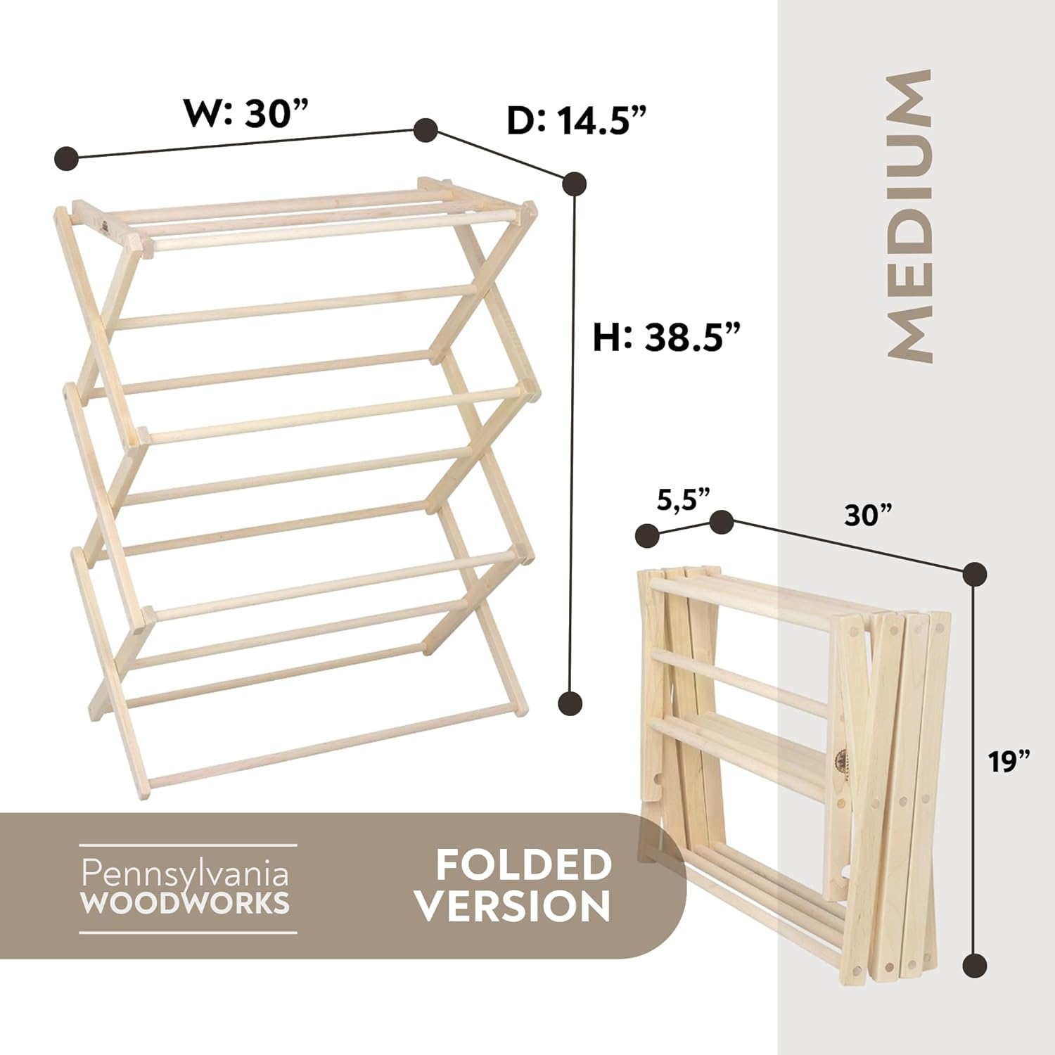 Pennsylvania Woodworks Premium American Maple Clothes Drying Rack - Handcrafted in Pennsylvania - Solid Wood Construction, Collapsible, Eco-Friendly Laundry Solution (Medium)