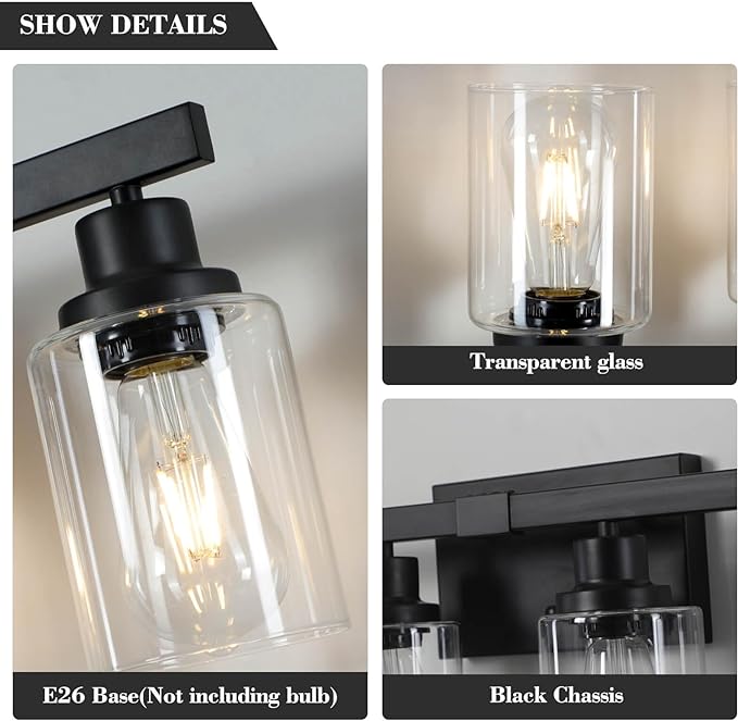 5-Light Black Bathroom Vanity Light, Modern Vanity Lighting Fixture for Bathroom, 31" Matte Light Fixture, Wall Sconces with Clear Glass Shade, Black Bathroom Wall Light Over Mirror