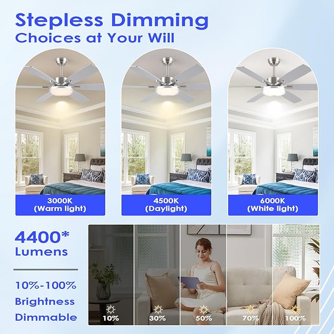 52 inch Modern Ceiling Fans with Lights Remote/APP Control,Modern Flush Mount Ceiling Fan,DC Reversible Motor, 3CCT,Surper Bright Dimmable LED Ceiling Light with Fans for Bedroom, Livingroom Nickel