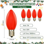 25 Pack C9 Ceramic Christmas Replacment Bulbs, Red Light Bulbs for E17 Candelabra Base Outdoor/Indoor Christmas String Lights, 7 Watt