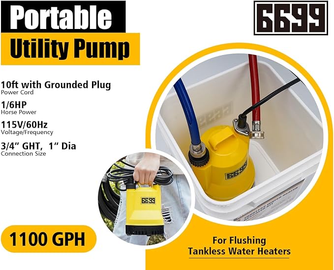 Tankless Water Heater Flushing Kit Includes 1/6HP Submersible Sump Pump with Two Adapters & 3 Gallons Pail with Bucket Lid Opener & Two 1/2” Dia X 6’ PVC Hoses with Washers