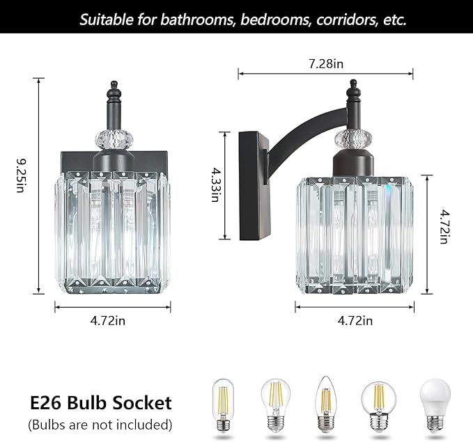 Modern Wall Sconces Set of Two Black Wall Sconces Indoor Wall Lamp Crystal Wall Light Wall Mounted Room Sconce Wall Lighting Bathroom Vanity Light Fixtures