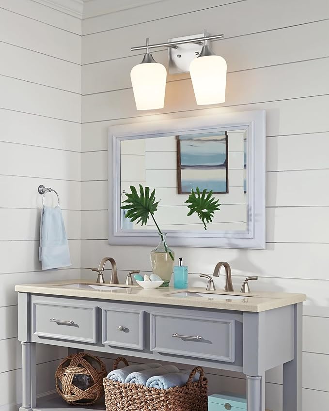 2 Lights Bathroom Light Fixture, 15 Inch Brushed Nickel Bathroom Vanity Lights Over Mirror, Modern Bath Wall Sconce Light with Frosted Glass, OS-YQ9167-2BNW