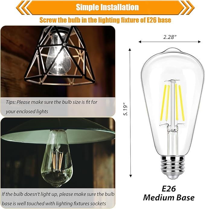 5000K Daylight LED Edison Bulbs 40W Equivalent, 4W ST19 LED Light Bulb, E26 Standard Base, 90 CRI, Non-Dimmable, 12 Pack