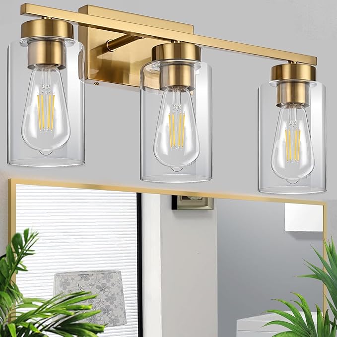 3-Light Bathroom Vanity Light, Modern Brushed Gold Wall Lights with Clear Glass Shades, Bathroom Wall Sconce Lamp for Mirror Living Room Bedroom Hallway
