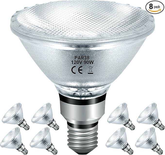 PAR38 Halogen Flood Light Bulbs 90W 120V, Par38 Halogen Light Bulbs 8 Pack for Indoor and Outdoor Floodlight Bulbs PAR38, Reptile Heat Lamp Bulbs with E26 Base, 2800K Warm White, 4050 Lumens