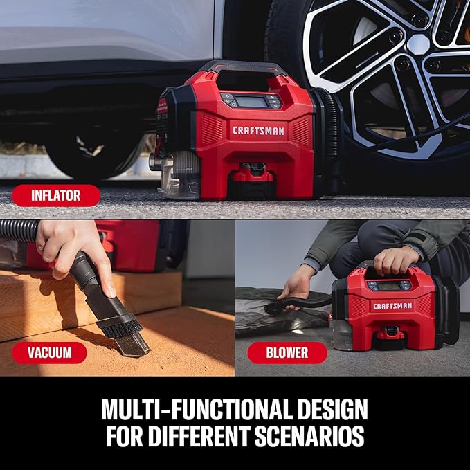 CRAFTSMAN 3-in-1 Tire Inflator Kit with Battery & Charger, 160 PSI Portable Air Compressor, Car Vacuum & Dust Blower with LED Light (Includes 4.0Ah Battery & 12V Charger)