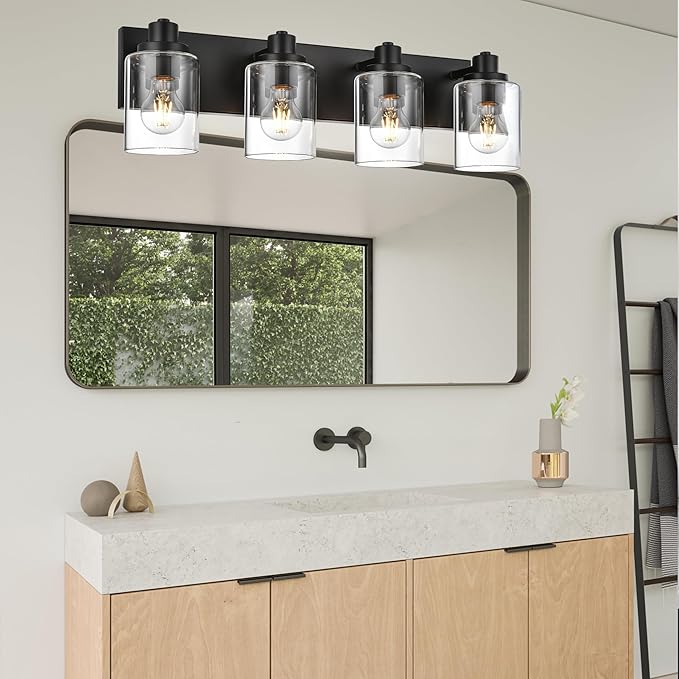 4 Light Bathroom Vanity Lights, Bathroom Lighting Fixtures over Mirror with Clear Glass Shades, Black Vanity Light For Bathoom, Modern Wall Sconces Vanity Lighting Fixture for Bathroom Hallway