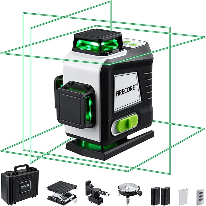 Firecore 4 x 360 Laser Level Self Leveling, 16 Lines Green Beam 4D Cross Line Tiling Floor Tool, 3 Gear Brightness Adjustment/Pulse Mode for Construction, 2 Li-ion Batteries, Remote Control included