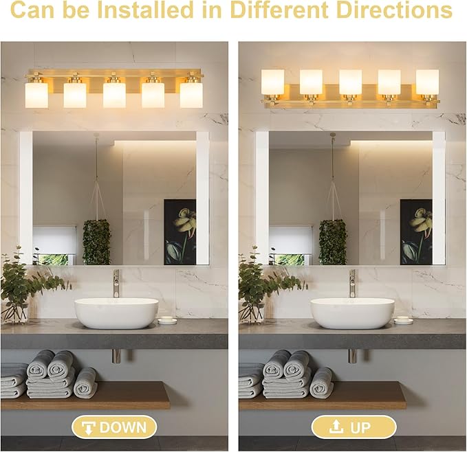 5 Light Modern Bathroom Light Fixtures Over Mirror, Brass Finish Vanity Lights for Bathroom Wall Sconces with Milky White Glass Shades, E26 Socket (Bulbs Not Included)