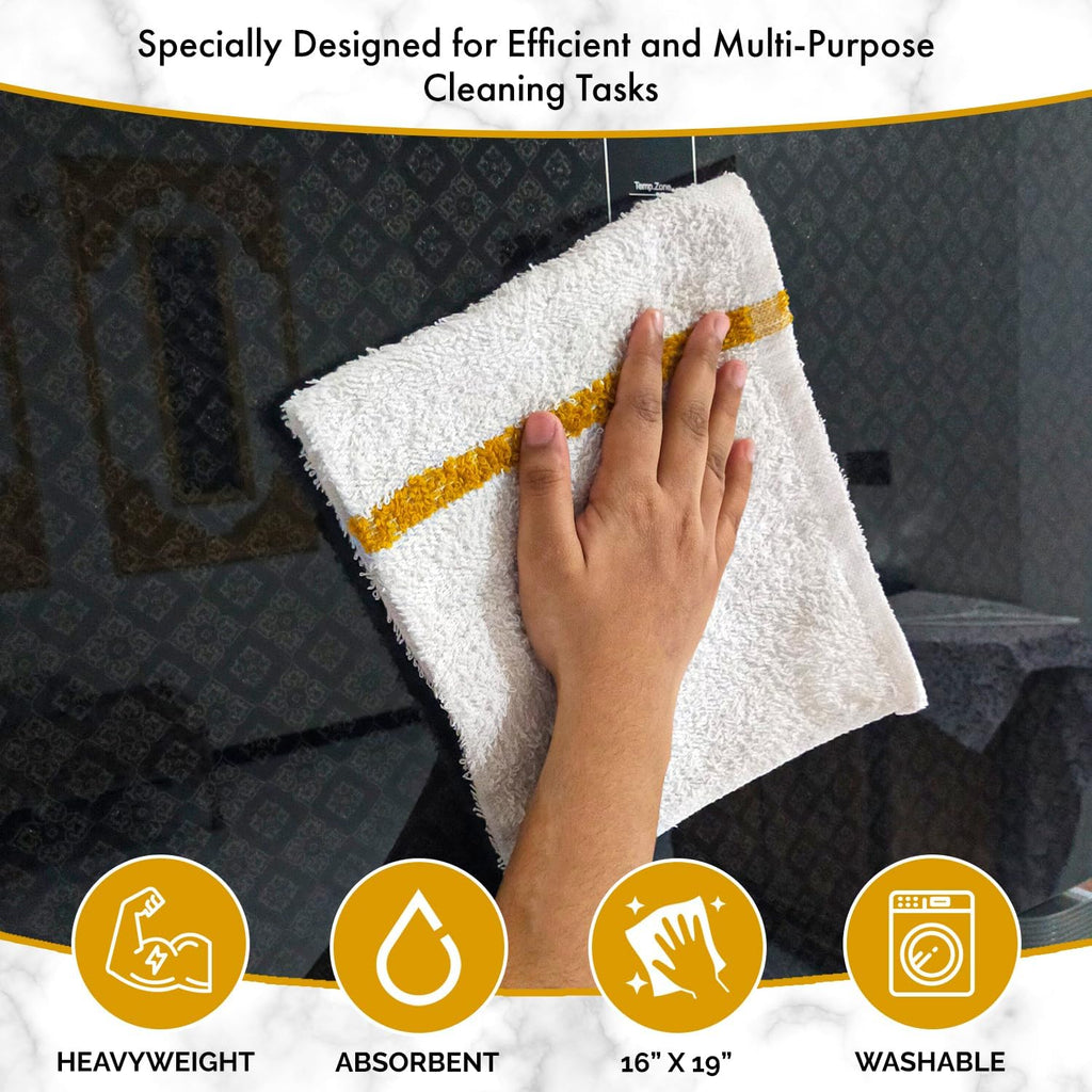Bar Mops Gold Stripe Pack of 60 Kitchen Towels 16x19 Multi-Purpose for Home, Restaurant and Cleaning White Absorbent Washcloth Dishcloths Sets, Reusable Dish, Cloths Rags