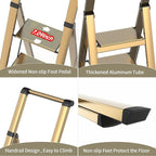 4 Step Ladder, Folding Step Stool with Anti-Slip Wide Sturdy Pedal and Handgrip, Portable Lightweight Aluminum Stepladder, 300 lbs Capacity, Multi-Use for Home, Library - Brown Gold
