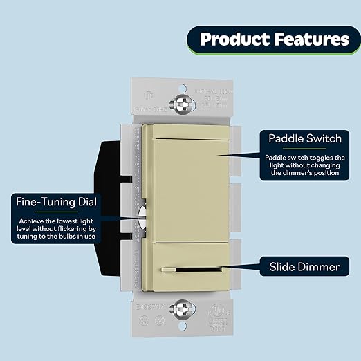TOPGREENER in Wall Slide Dimmer Switch, for 150W Dimmable LED, 600W Incandescent/Halogen, Single Pole or 3 Way, 120V 60Hz, No Neutral Wire Required, UL Listed, TGDMDS-120-I, Ivory