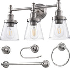 DEWENWILS Bathroom Light Fixtures, 5-Piece All-in-One Bathroom Light Set, 3 Light Brushed Nickel Bathroom Vanity Light with Glass Shades, Towel Bar, Towel Ring, Robe Hook, Toilet Paper Holder