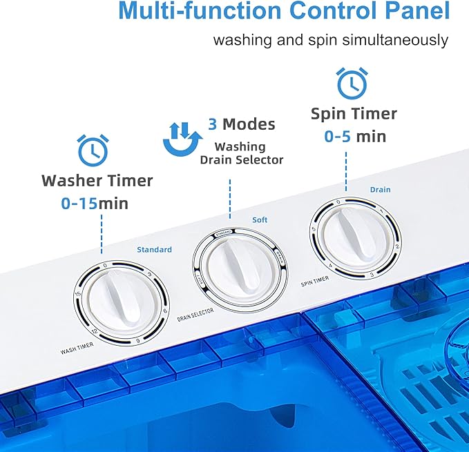 COSTWAY Portable Washing Machine, Twin Tub 22Lbs Capacity, Compact Washer(13.2Lbs) and Spinner(8.8Lbs) with Control Knobs, Built-in Drain Pump, Semi-Automatic Laundry washer for Apartment, RV (Blue)