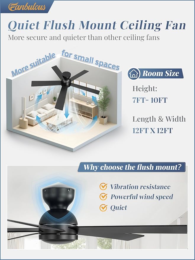 48 Inch Flush Mount Ceiling Fan no Light, Black Ceiling Fan with Remote, 6-Speeds, Quiet Reversible DC Motor, Indoor/Outdoor Ceiling Fans without Lights for Patio, Living Room, Bedroom
