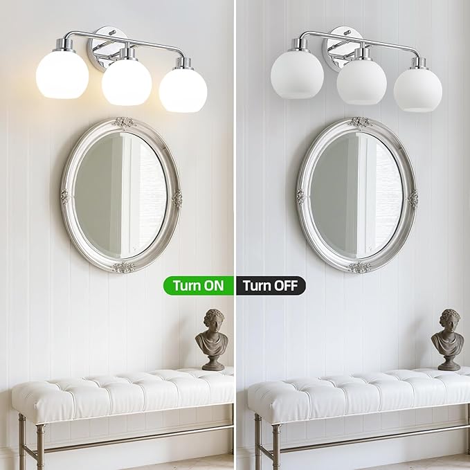 Chrome Vanity Light Bathroom Light Fixtures Over Mirror 3 Light Wall Sconces Lighting Silver Lights with Milk Globe Glass Shades Bath Wall Lamp for Mirror Kitchen Living Room Bedroom Hallway