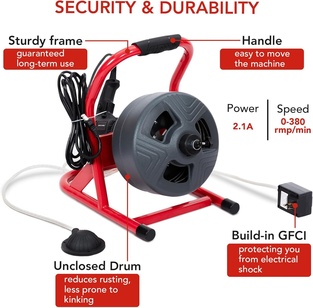 PIONEERWORKS 50Ft x 5/16 Inch Drain Cleaner Machine, Electric Drain Auger Professional for 3/4 to 3 Inch Pipes, Foot Switch with 6 Cutters, Glove, Drain Auger Cleaner Sewer Snake - DA04