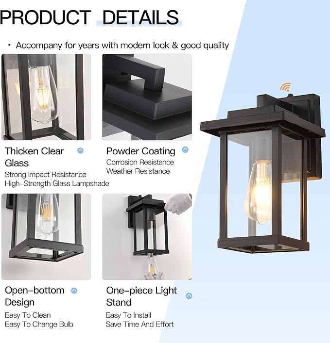 Outdoor Wall Light Fixtures, Modern Exterior Wall Mount Lanterns, Outside Wall Sconces in Black Finish with Clear Glass for Porch Patio Farmhouse, 2-Pack