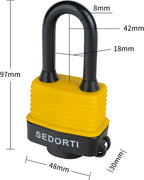 Colored Waterproof Padlocks, Heavy Duty Laminated Steel Body with Yellow Plastic Covered, Keyed Alike Outdoor Locks, Can Be Used as Lockout Tagout Lock, Long Padlocks, Pack of 12